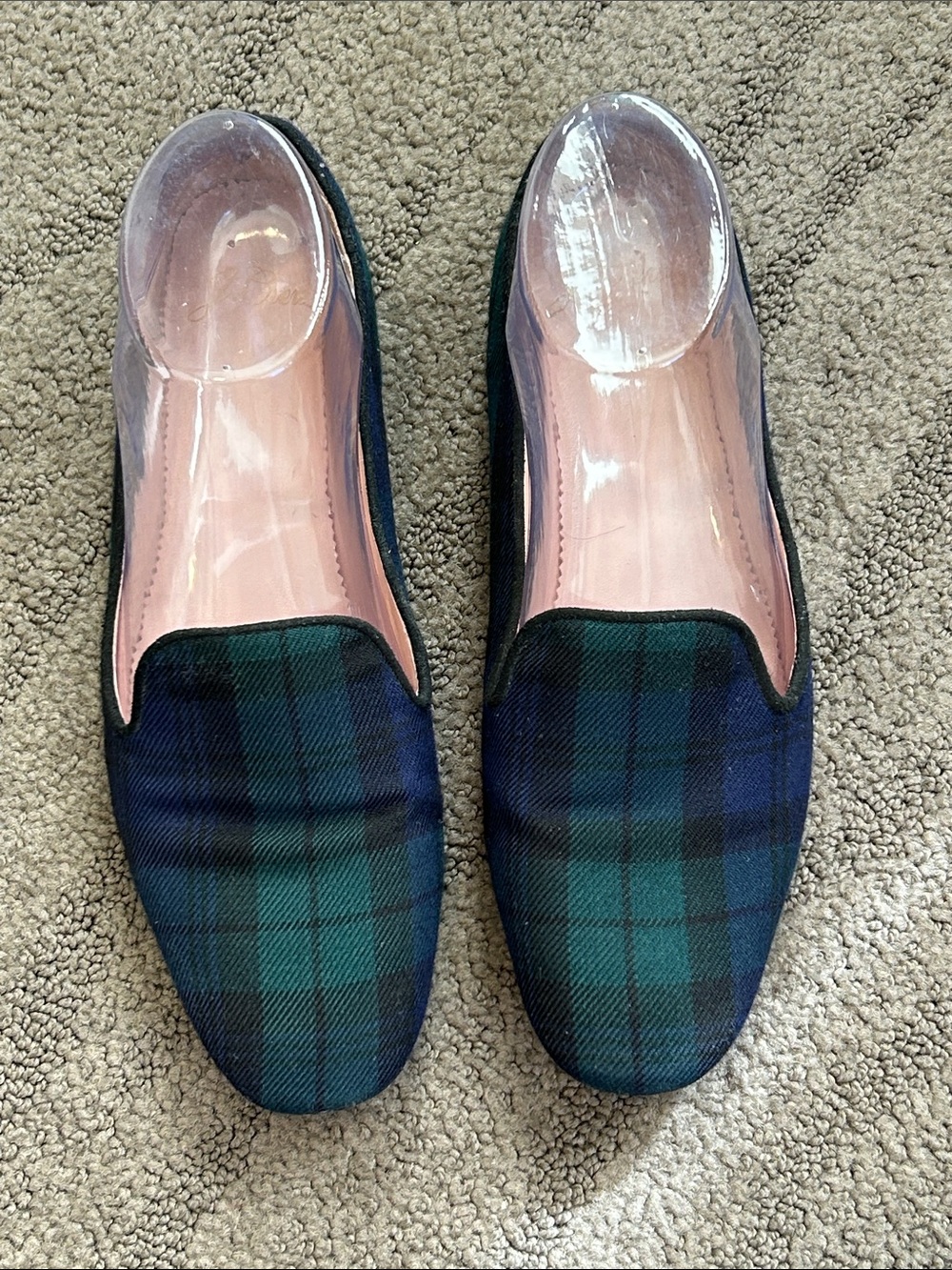 J. Crew Black Watch Navy and Green Tartan Plaid Flat Smoking Loafers Size 7